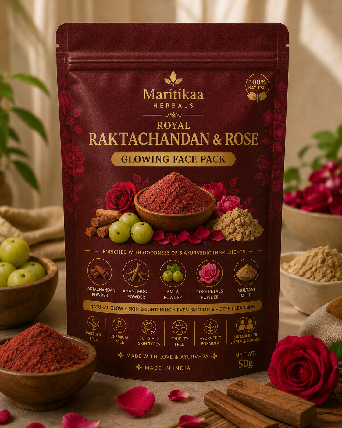 MaritiKaa Herbals Royal Raktachandan & Rose Glowing Face Pack – 50g