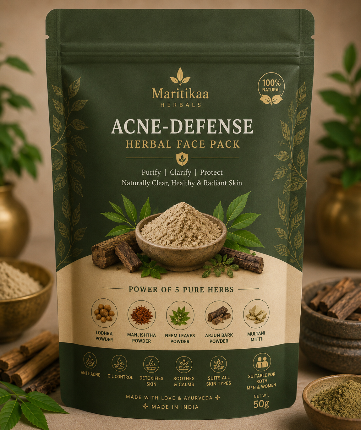 Maritikaa Acne-Defense Herbal Face Pack Powder – Ayurvedic 5 Herb Blend, 50g