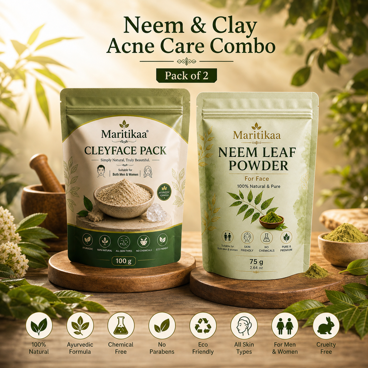 Maritikaa Neem & Clay Acne Care Combo – Neem Leaf Powder & Clayface Pack | Pack of 2