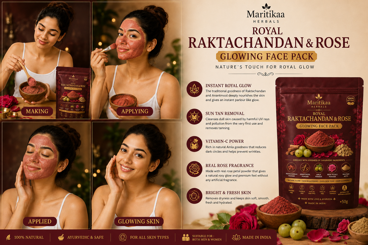 MaritiKaa Herbals Royal Raktachandan & Rose Glowing Face Pack – 50g - Image 3