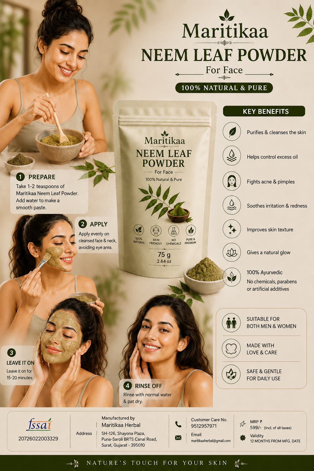 Maritikaa Neem Leaf Powder for Face - 75g - Image 3