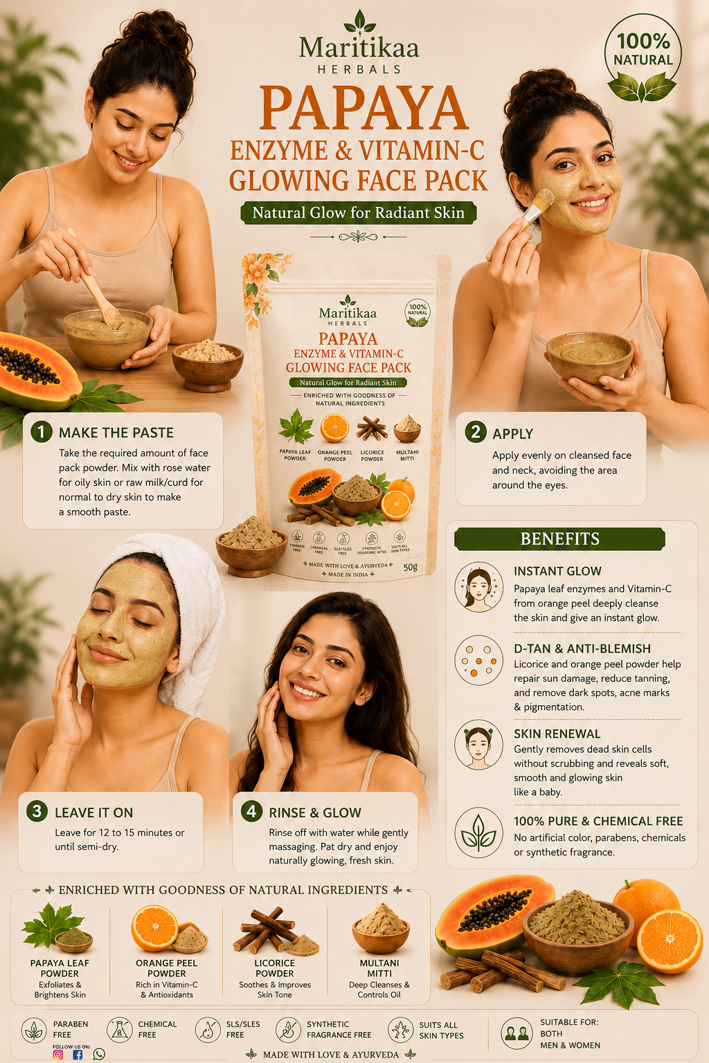 Maritikaa Papaya Enzyme & Vitamin-C Glowing Face Pack-50g - Image 3