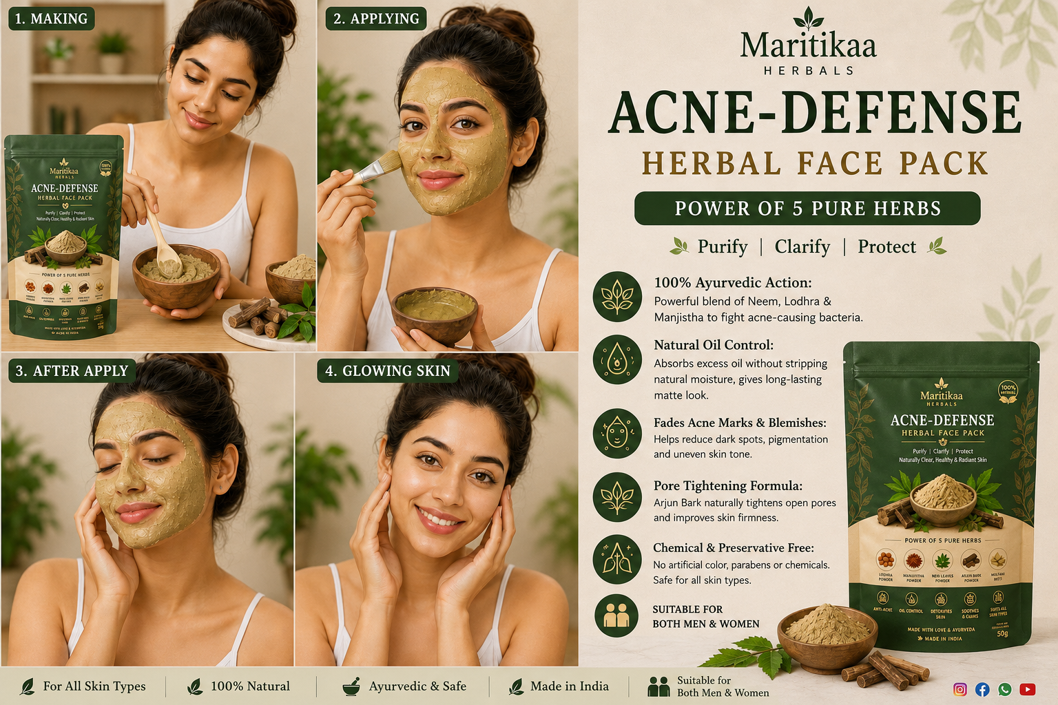 Maritikaa Acne-Defense Herbal Face Pack Powder – Ayurvedic 5 Herb Blend, 50g - Image 3