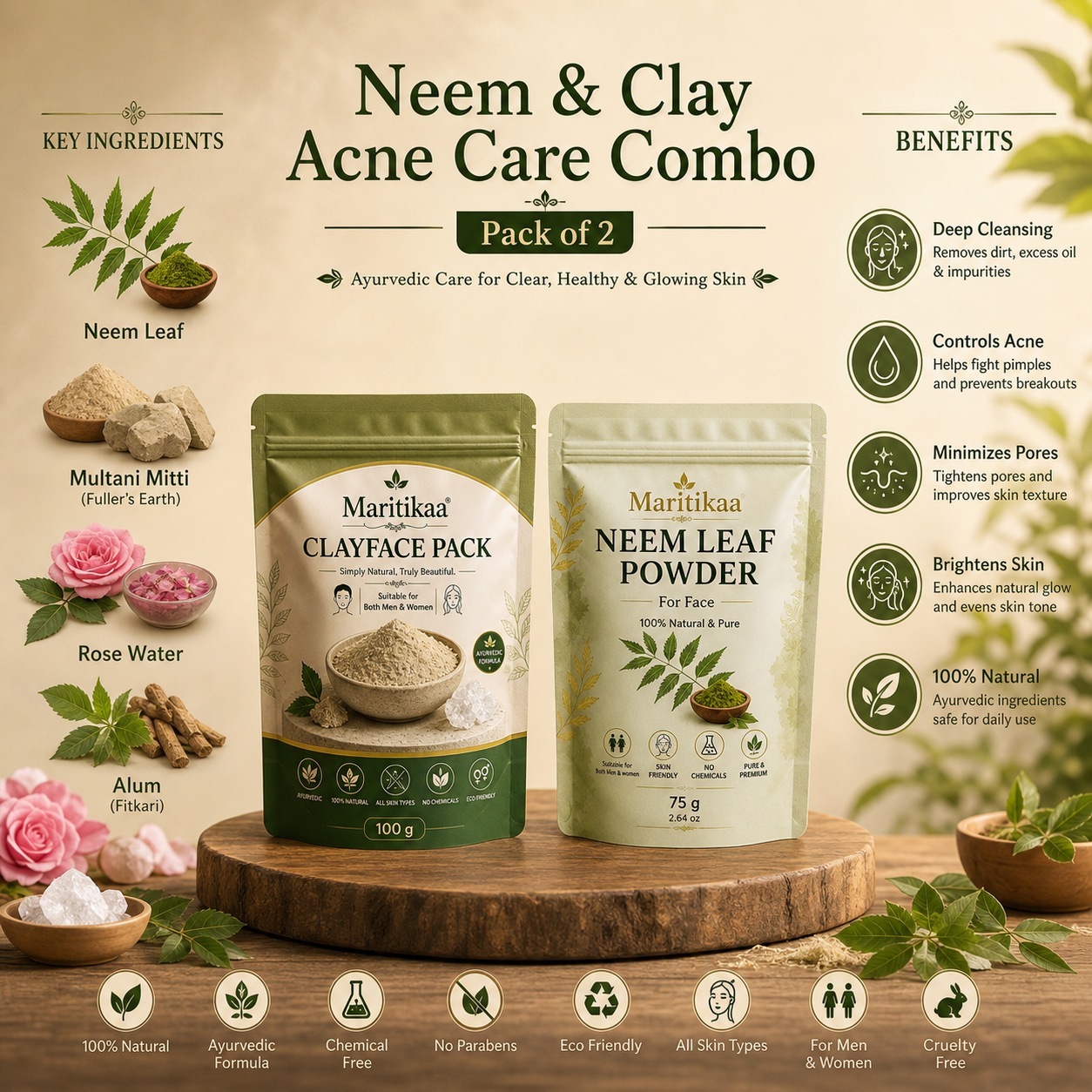 Maritikaa Neem & Clay Acne Care Combo – Neem Leaf Powder & Clayface Pack | Pack of 2 - Image 3