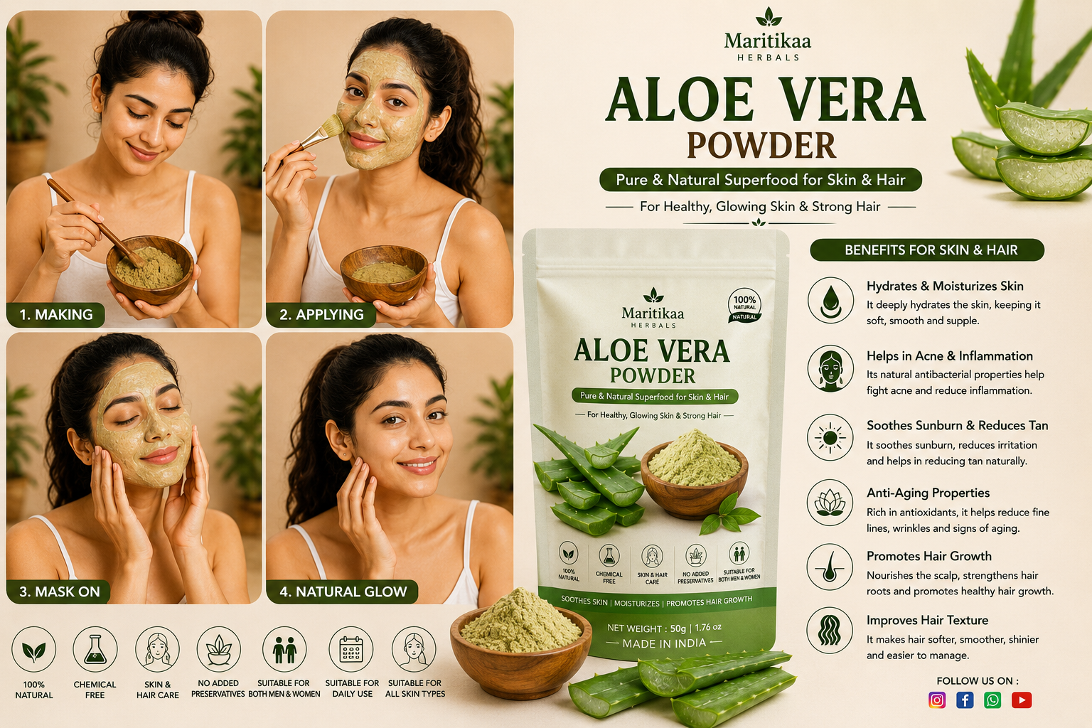 Maritikaa Aloe Vera Powder 100% Pure & Natural for Skin & Hair – 50g - Image 3