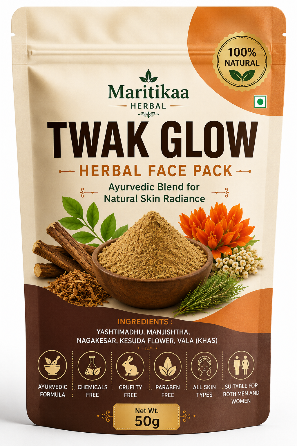 Maritikaa Twak Glow Herbal Face Pack - 50g - Image 4