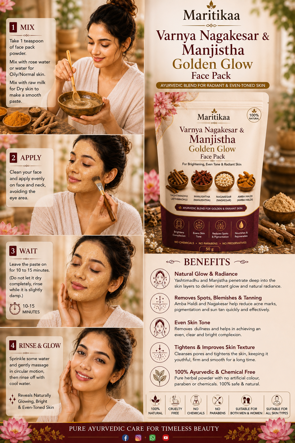 Varnya Nagakesar & Manjistha Golden Glow Face Pack - 50g - Image 3